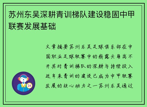 苏州东吴深耕青训梯队建设稳固中甲联赛发展基础