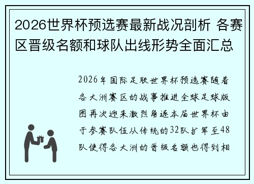 2026世界杯预选赛最新战况剖析 各赛区晋级名额和球队出线形势全面汇总