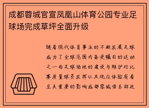 成都蓉城官宣凤凰山体育公园专业足球场完成草坪全面升级
