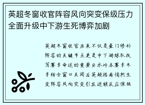 英超冬窗收官阵容风向突变保级压力全面升级中下游生死博弈加剧 英超冬窗收官阵容风向突变保级压力全面升级中下游生死博弈加剧